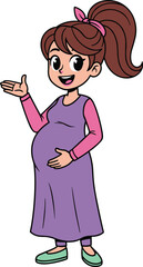 Happy pregnant cartoon woman in purple dress, waving and smiling, ponytail hairstyle, maternity character, isolated on white background illustration