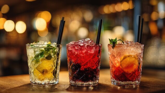 Three colorful cocktails in rocks glasses, garnished with fruit and mint, on a bar top