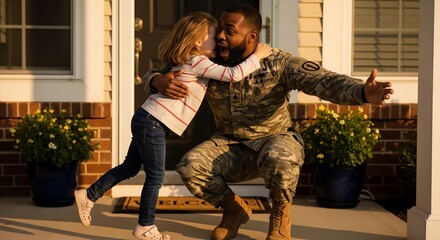 A powerful and emotional photorealistic image capturing the moment a soldier father is joyfully greeted by his young daughter upon returning home.