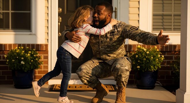 A powerful and emotional photorealistic image capturing the moment a soldier father is joyfully greeted by his young daughter upon returning home.