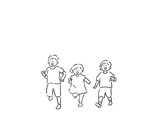 走る小さい男の子と女の子、3人、線画