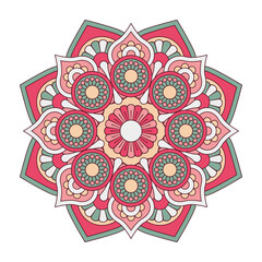 Vector mandala isolated on white background. Ornament card with mandala on red and green colors. Oriental pattern, vintage decorative element for design
