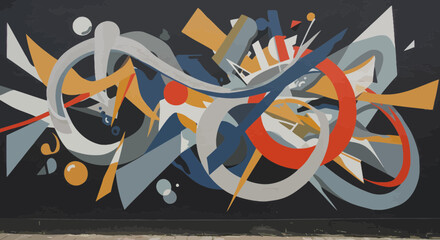 Bold street art mural featuring abstract shapes and vibrant colors on a dark background