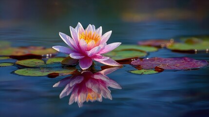 Beautiful water lily blooms gracefully on calm pond surface during sunny afternoon