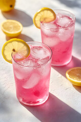 Pink drink sparkles on textured white surface, product photo for beverage branding or summer posters.