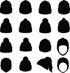 Silhouettes of Winter Beanies & Hats: A Diverse Collection of Black Vector Icons for Cold Weather Apparel, Headwear, and Fashion Accessories, Featuring Pom-Pom and Knit Designs for Seasonal Style.