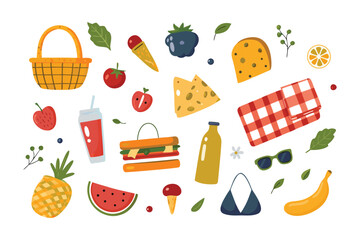 Picnic Feast: A delightful assortment of picnic essentials, featuring a basket brimming with treats, vibrant fruits, refreshing drinks, and delightful snacks.