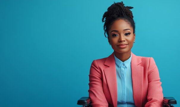 Inclusive image of a disabled corporate Black African American businesswoman in a wheelchair, captured with a blue background to represent inclusivity and diversity in the corporate, Generative AI - Powered by Adobe