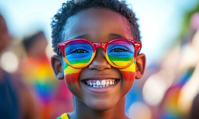 Happy young Black African American girl celebrating at a gay Pride festival with rainbow face paint, candidly participating in LGBTQ+ celebrations at golden hour. Space available, Generative AI