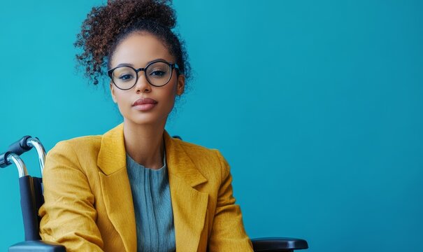 Inclusive image of a disabled corporate Black African American businesswoman in a wheelchair, captured with a blue background to represent inclusivity and diversity in the corporate, Generative AI