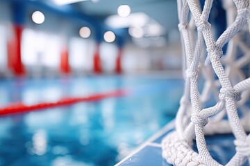 Close-up of a water polo goal net, with a blurred indoor pool background