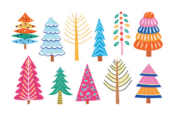 Obraz premium Festive Tree Collection: A collection of uniquely designed and colorful trees, celebrating the season's spirit with a whimsical assortment of shapes and hues, perfect for holiday-themed projects.