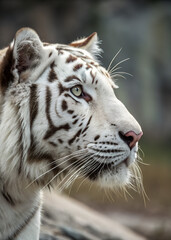 A white tiger with pale eyes is gazing attentively to the right