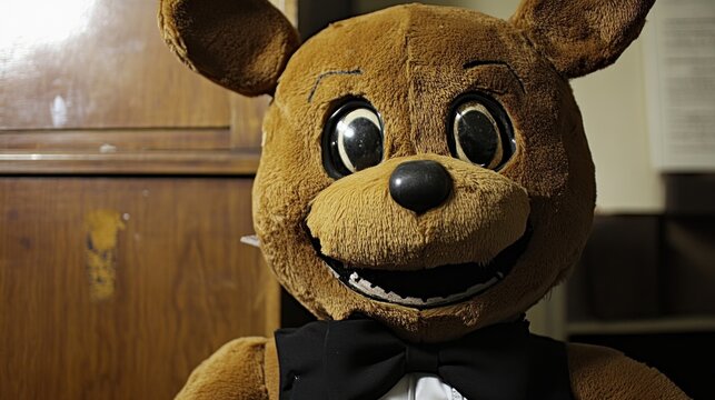 Creepy plush bear in dark room, close-up, amusement park prop