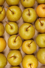 A close-up, top-down view of many green-yellow Asian pears with stems, arranged in neat rows