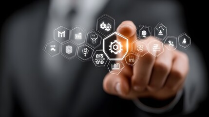 IT Consulting. Businessman holds digital consulting network connecting icon representing IT solutions, focusing on innovation, strategy, optimization, growth, and technology-driven success