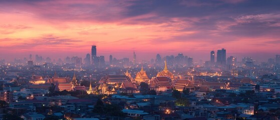 Obraz premium Bangkok's Golden Dawn: Temples and Skyline at Sunrise