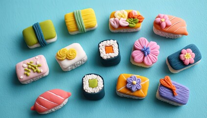Colorful miniature sushi creations arranged on a light teal background.  Each piece is meticulously detailed with various edible decorations, including flowers, swirls, and seaweed