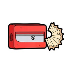 A cartoon image of a red pencil sharpener with shavings on a white background illustration style