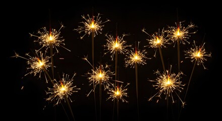 Set of festive sparkler with sparks on black background for overlay blending mode for holiday design projects