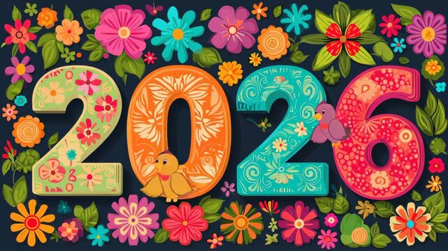 Colorful floral illustration featuring the year 2026, adorned with vibrant flowers, leaves, and a small bird, creating a cheerful and festive atmosphere for seasonal celebrations