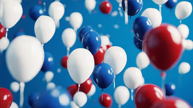 Red, white, and blue balloons floating with falling confetti on blue background