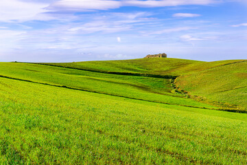 spring or summer nature farm landscape with green salad grassland hills and beautiful cloudy ske on baclground. Farming landscape in spring or summer field