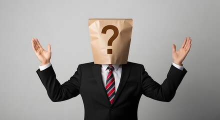 Man in suit with paper bag over head and question mark on it raising hands in a gesture of confusion