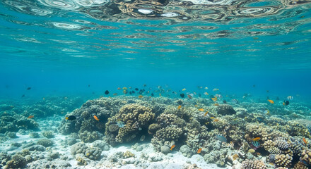 Fototapeta premium Underwater realm exhibiting vibrant coral formations and diverse aquatic fauna in clear waters