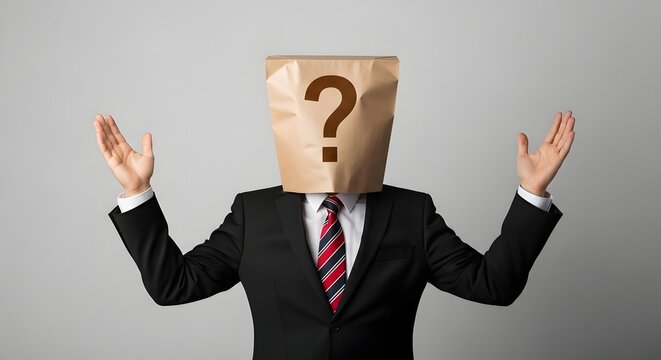 Man in suit with paper bag over head and question mark on it raising hands in a gesture of confusion - Powered by Adobe