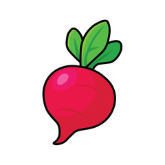 Illustration Vector Graphic Cartoon of a Fresh Red Radish with Green Leaves
