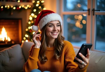 Young beautiful happy woman with Santa Claus hat is sitting on sofa near decorated Christmas tree and fireplace in living room, smiling and using phone, typing message on smartphone