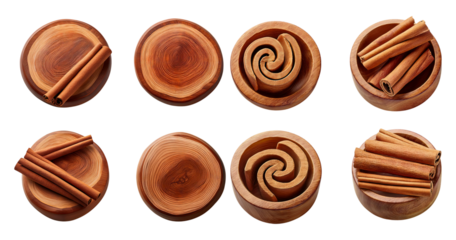 Elegant Cinnamon Sticks in Wooden Bowls for Culinary Use, Bundle Set Collection, Isolated on Transparent Background