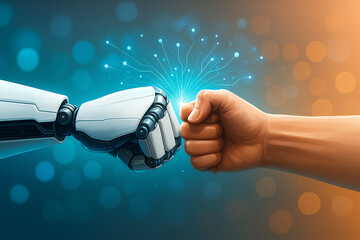 Robot and human hands making a fist bump, symbolizing future collaboration, partnership, and successful teamwork between people and AI.	
