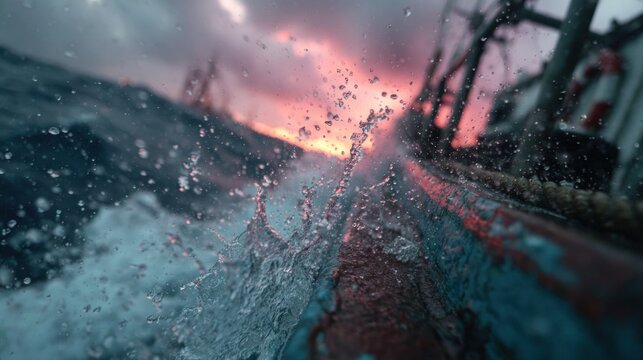 Close-up shot of boat in rough seas, water splashing over side, orange and pink sunset backdrop