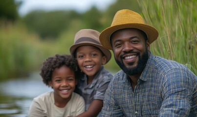 Candid Black father and children fishing together outdoors, emphasizing the importance of bonding and family time in nature. Father's Day concept, Generative AI