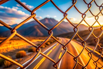 Fototapeta premium Rusty fence frames scenic mountain road at sunset