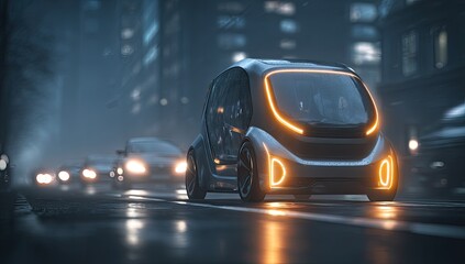 Futuristic, electric vehicle on a city street at night.  The vehicle is sleek and modern, with orange accents.  Urban setting is foggy and wet.  Other cars are blurred in motion