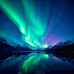 Aurora Over Lake with Mountain Reflection and Green Lights