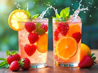 Fruit-Infused Water Glasses with Splash on Table and Green Backdrop