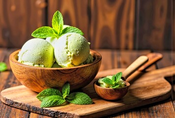 Green Ice Cream with Mint in Wooden Bowl on Rustic Table