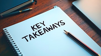 Notepad with 'Key Takeaways' Beside Laptop and Pen on Desk