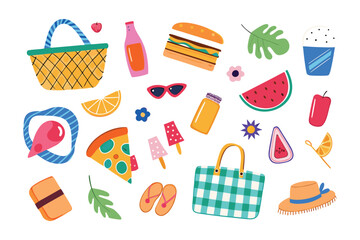 Summer Picnic Delights: A vibrant collage of summer picnic essentials bursts with the essence of relaxation. This illustration is perfect for design assets.