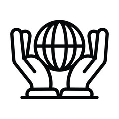 Two hands support a globe symbolizing global care safety or globalized teamwork in a minimalist lineart style