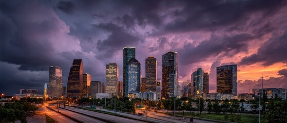 Houston Skyline at Dusk under Dramatic Clouds
