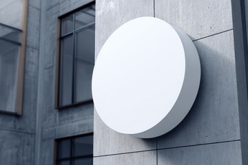 Blank circular sign affixed to a gray concrete building exterior.  Modern, minimalist design