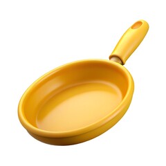 A bright yellow ceramic oval frying pan with a wooden handle isolated on a white background