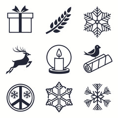 Icon Set Vector Collection Featuring Gift Reindeer Snowflake Candle Bird Peace Symbol Winter Elements in Minimalist Black and White