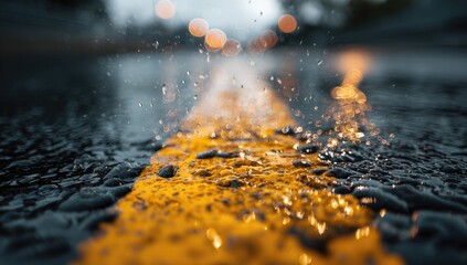 Close-up of a wet road, rain drops splashing and reflecting, yellow line. Bokeh lights in the background