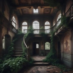 Grand Abandon: Overgrown Staircase and Interior Hallway in a Dilapidated Building